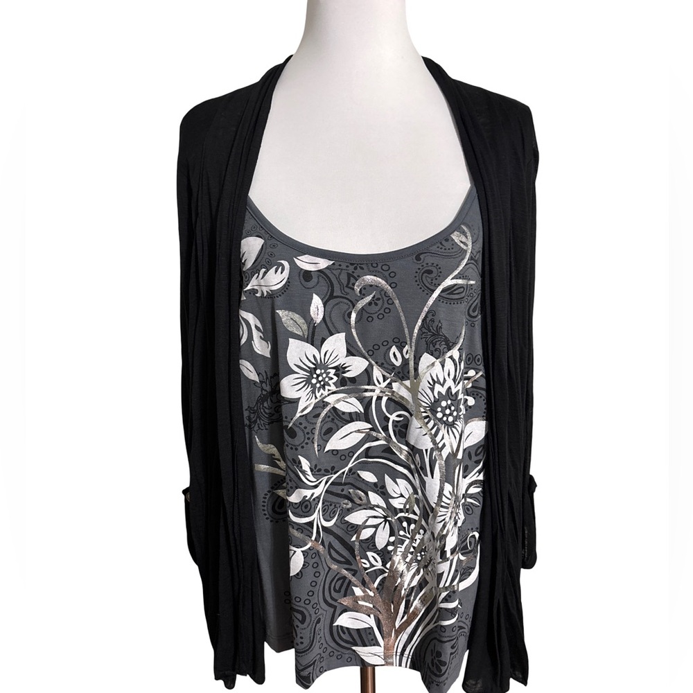 Lavish Black Gray Floral Cardigan and Top Women's - Picture 1 of 6